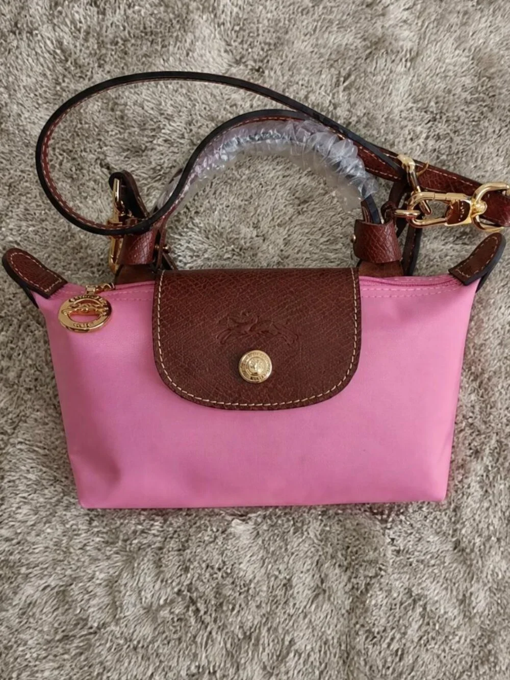 NEW Longchamp Le Pliage Pouch | Pink & Brown Leather Style